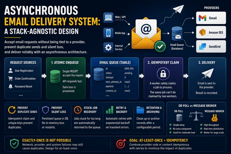 Infographic: a single INSERT atomically enqueues the request, then the email queue table, an idempotent claim and delivery to the provider; below it duplicate sends, silent loss, stuck-job recovery, retry and retention, plus a DB poll versus message broker comparison