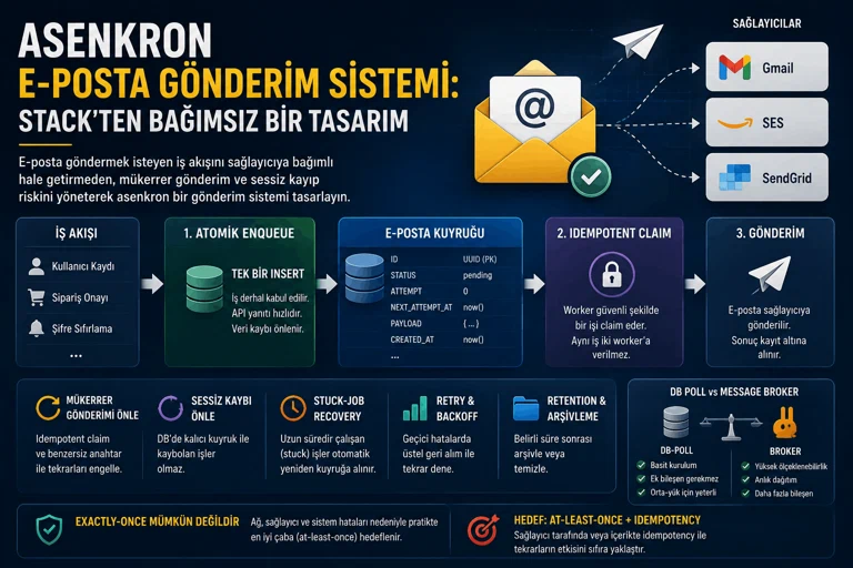 İnfografik: iş akışından tek bir INSERT ile atomik enqueue, e-posta kuyruğu tablosu, idempotent claim ve sağlayıcıya gönderim; altında mükerrer gönderim, sessiz kayıp, stuck-job recovery, retry ve retention başlıkları ile DB-poll–broker karşılaştırması