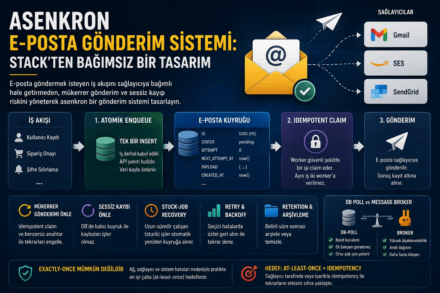 İnfografik: iş akışından tek bir INSERT ile atomik enqueue, e-posta kuyruğu tablosu, idempotent claim ve sağlayıcıya gönderim; altında mükerrer gönderim, sessiz kayıp, stuck-job recovery, retry ve retention başlıkları ile DB-poll–broker karşılaştırması