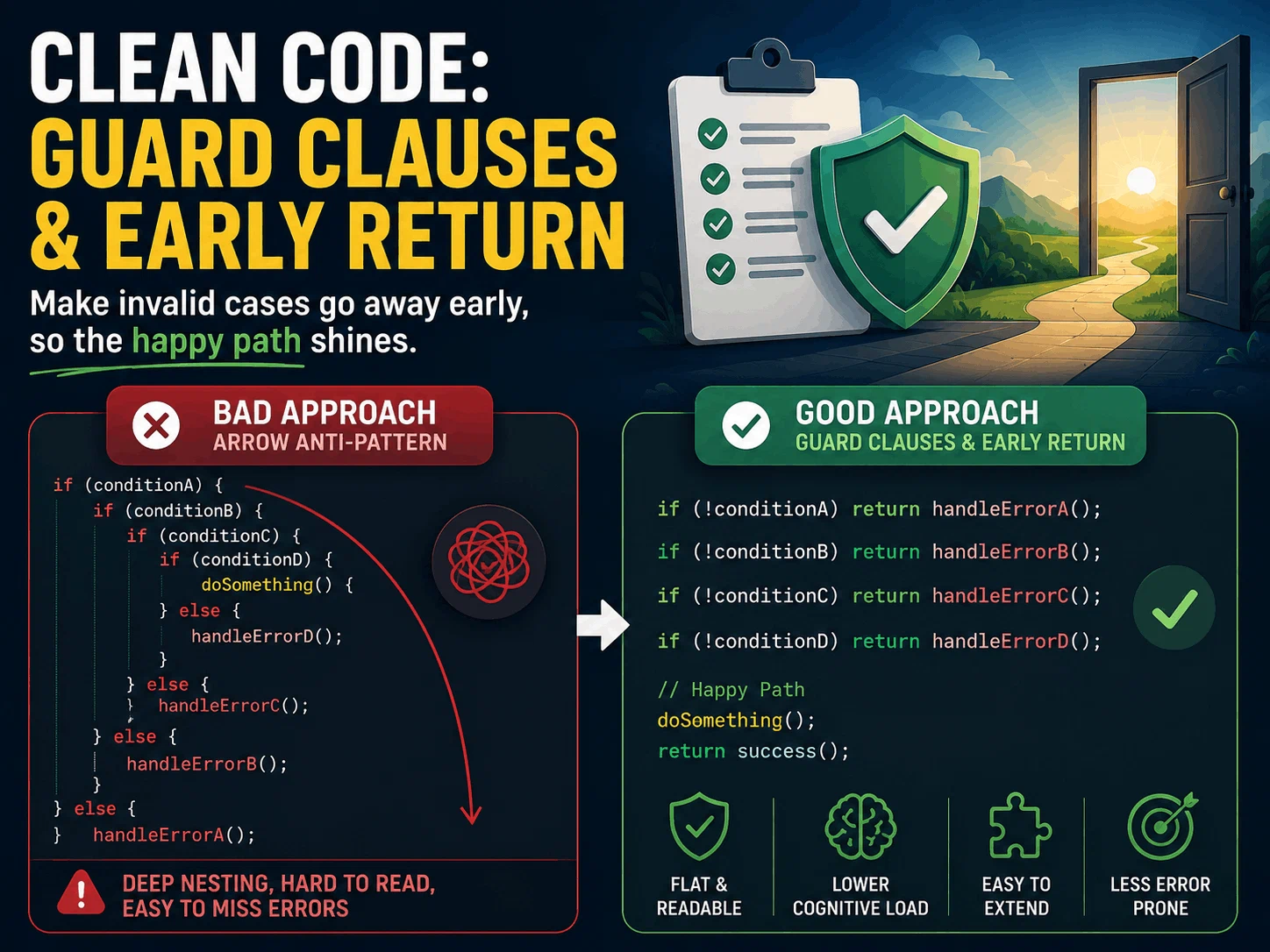 Infographic: on the left the arrow anti-pattern built from nested if-else blocks, on the right the same rules written as a list of early returns followed by the happy path