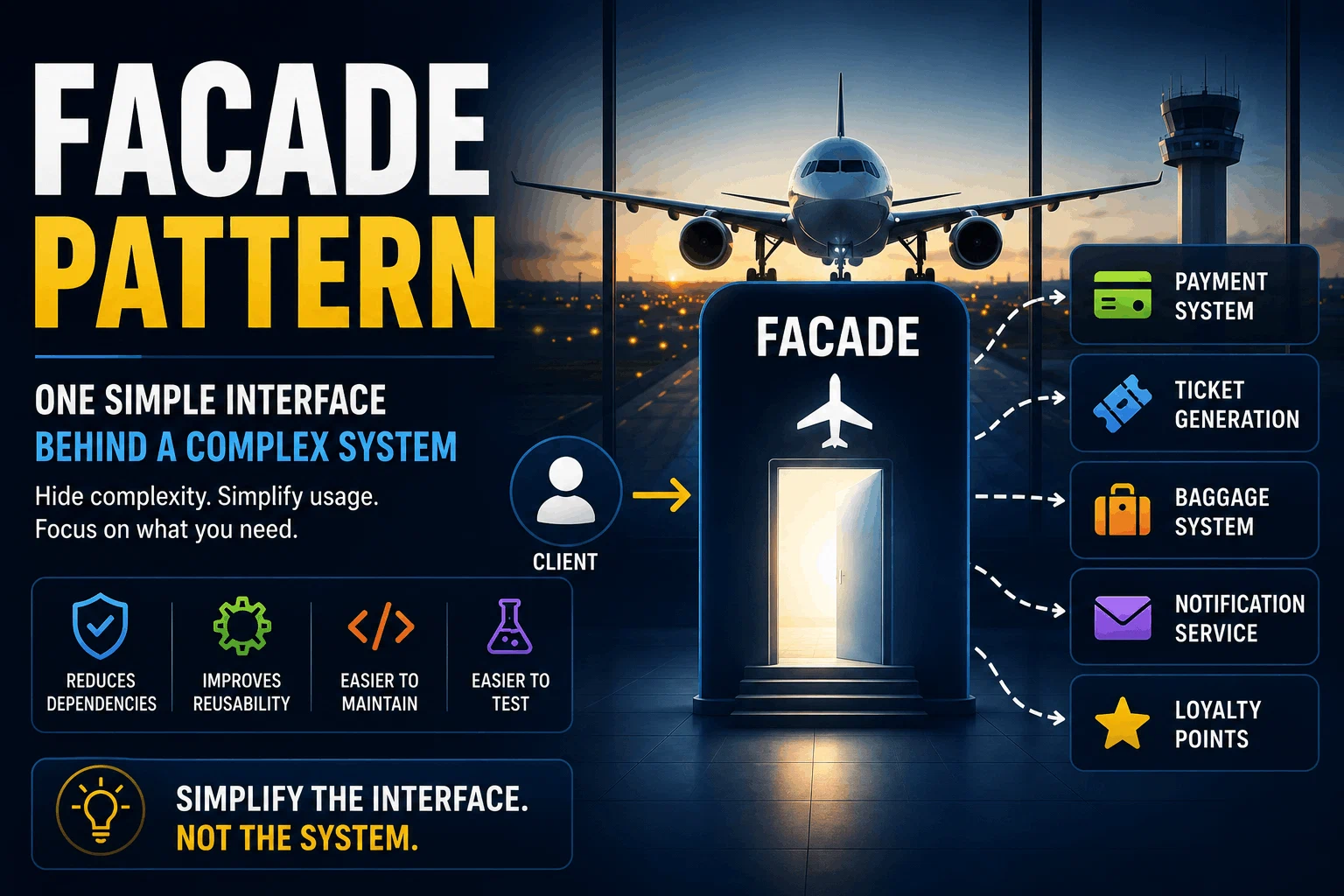 Infographic: the Facade drawn as a single door in an airport terminal; the client walks in through that door, and behind it sit the payment system, ticket generation, baggage system, notification service and loyalty points