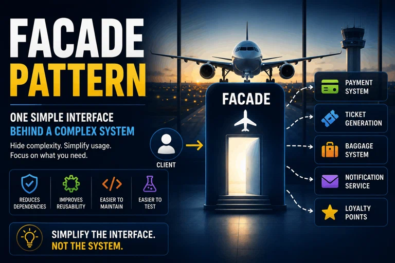 Infographic: the Facade drawn as a single door in an airport terminal; the client walks in through that door, and behind it sit the payment system, ticket generation, baggage system, notification service and loyalty points