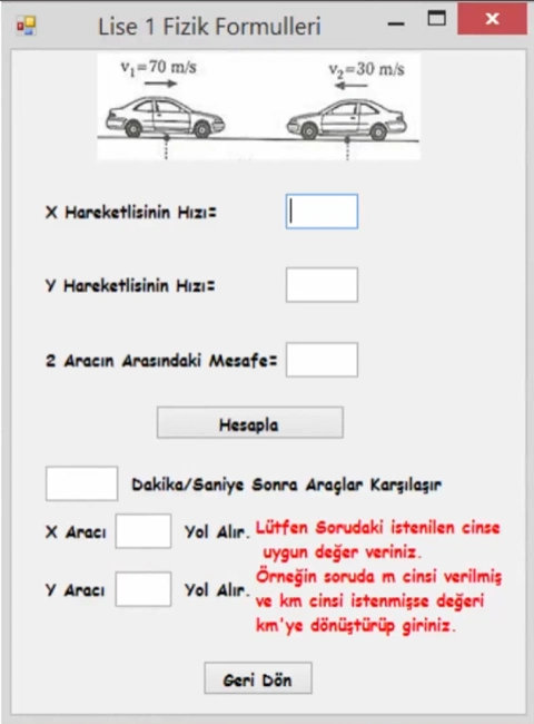 İki aracın ne zaman karşılaşacağını hesaplayan ekran