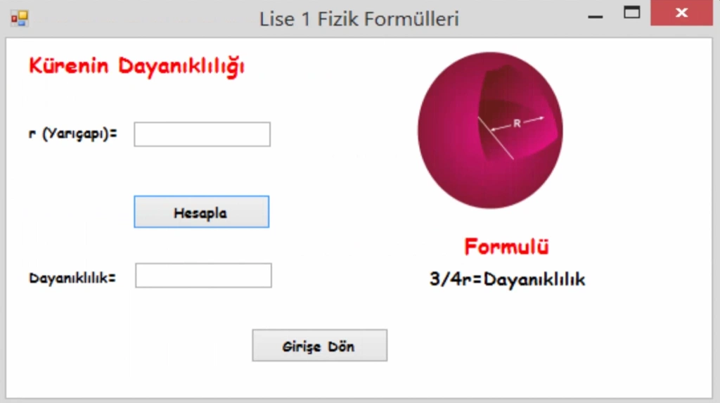 Kürenin dayanıklılığını hesaplayan ekran