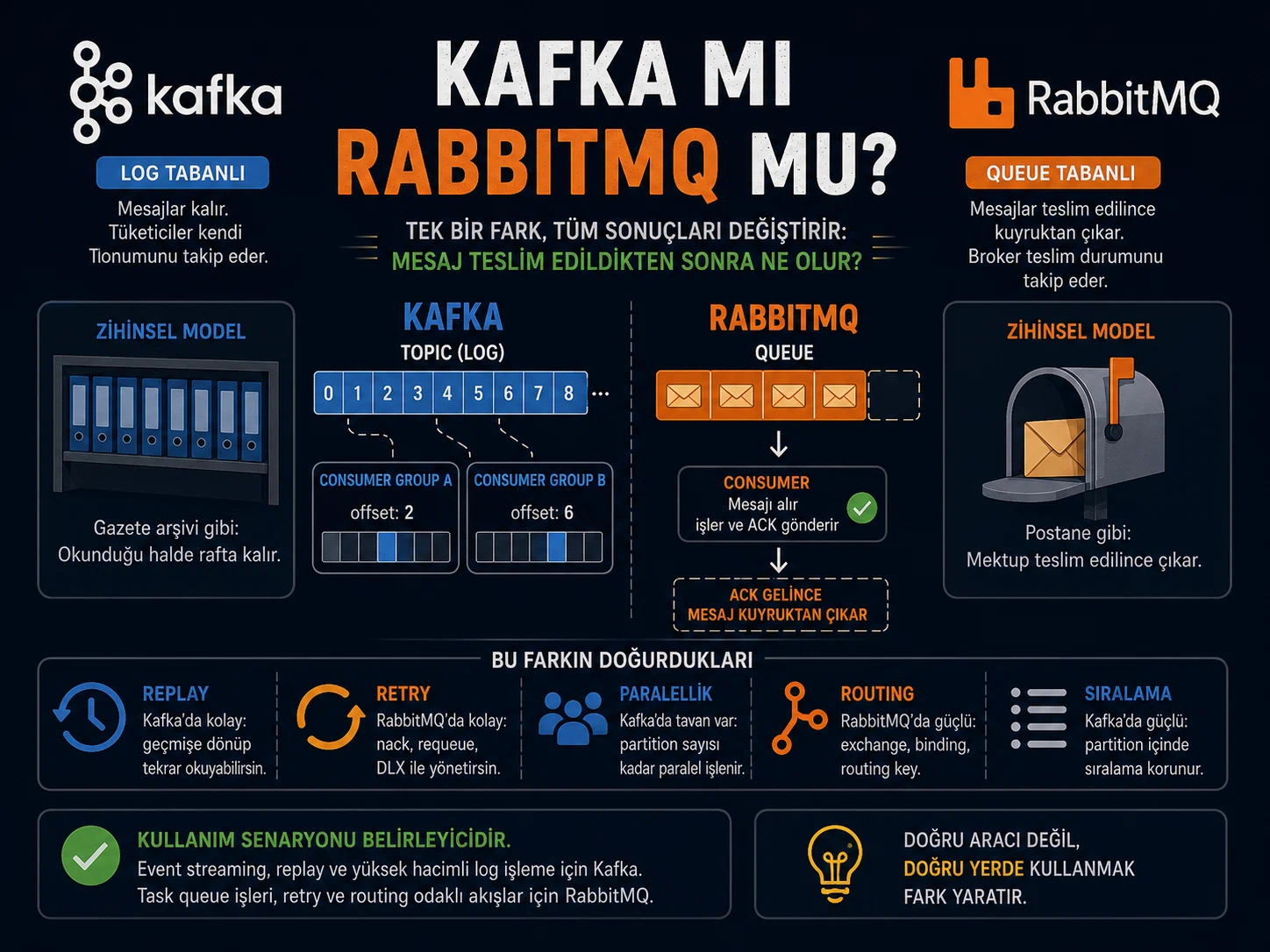 İnfografik: solda Kafka log tabanlı model — mesajlar kalır, tüketiciler kendi offset'ini takip eder, gazete arşivi benzetmesi; sağda RabbitMQ queue tabanlı model — mesajlar teslim edilince kuyruktan çıkar, postane benzetmesi; ortada bir topic log'u iki consumer group ile ve bir kuyruk ack akışıyla; altta replay, retry, paralellik, routing ve sıralama başlıklarında karşılaştırma